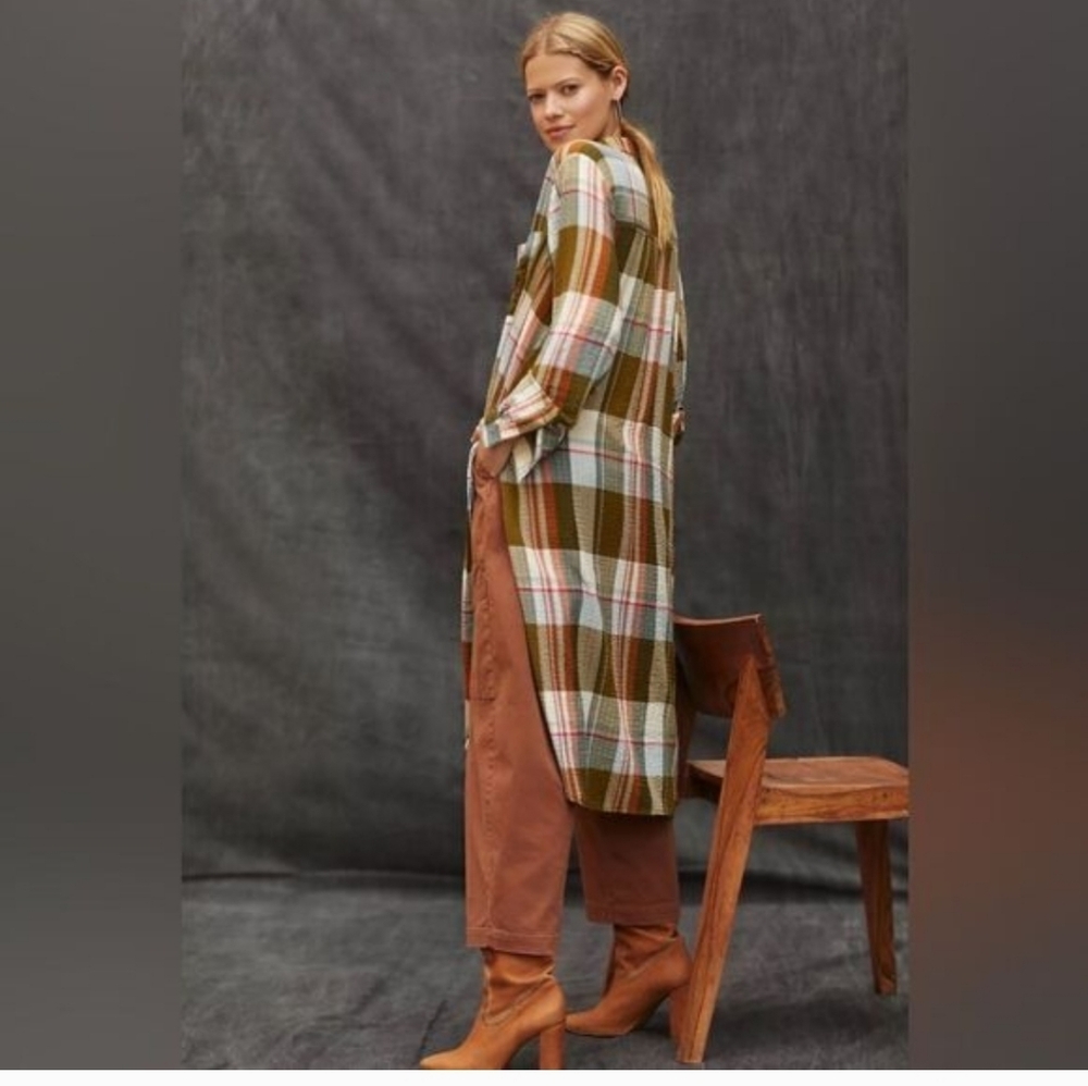 Anthropologie Pilcro Plaid Longline Top in Green and Orange